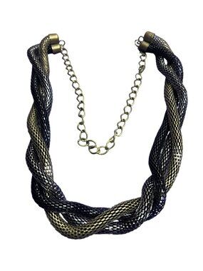 Vintage Antiqued Goldtone Gunmetal and Black Mesh Chain Necklace Braided 30 inch